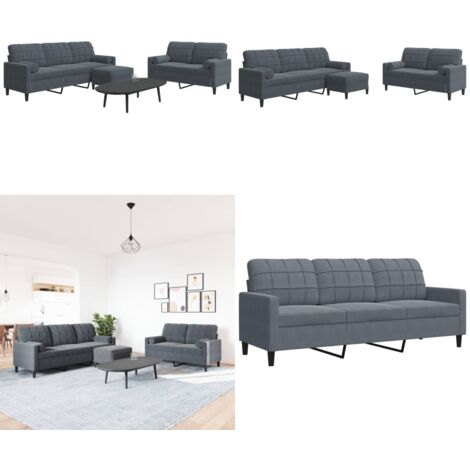 Set di Divani 3 pz con Cuscini e Rinforzi Grigio Scuro Velluto - Divano a 3 posti - Divano con cuscini