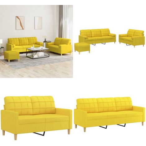 Set di Divani 3 pz con Cuscini Giallo Chiaro in Tessuto - Divano a 3 posti - Cuscini decorativi