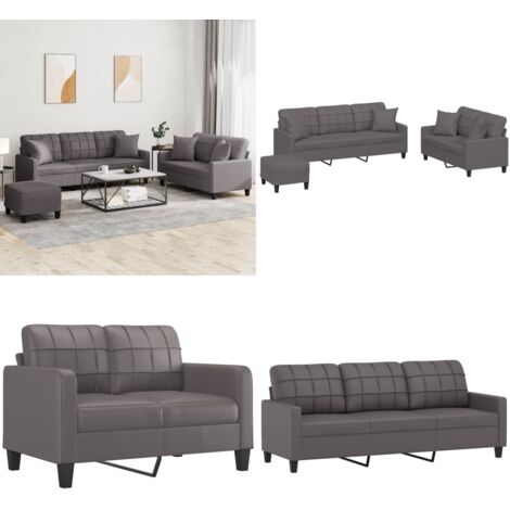 Set di Divani 3 pz con Cuscini Grigio in Similpelle - Divano grigio - Cuscini per divano
