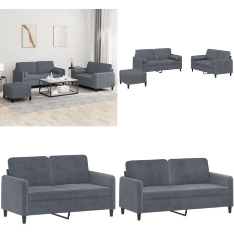 Set di Divani 3 pz con Cuscini Grigio Scuro in Velluto - Cuscino - Velluto