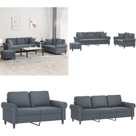 Set di Divani 3 pz con Cuscini Grigio Scuro in Velluto - Divano a 3 posti - Cuscini per divano