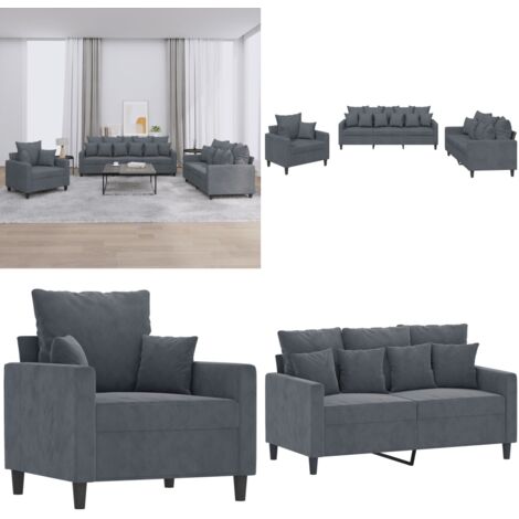 Set di Divani 3 pz con Cuscini Grigio Scuro in Velluto - Divano a 3 posti - Divano con cuscini