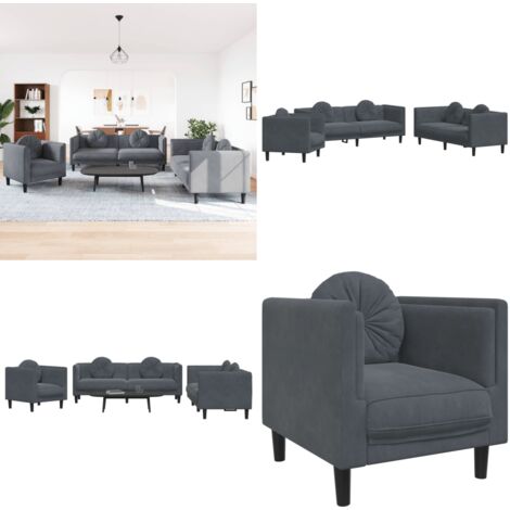 Set di Divani 3 pz con Cuscini Grigio Scuro in Velluto - Divano con cuscini - Divano a 3 posti