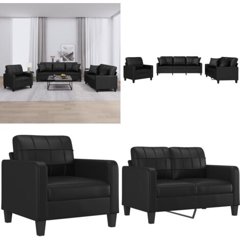 Set di Divani 3 pz con Cuscini Nero in Similpelle - Divano in similpelle - Cuscini per divano