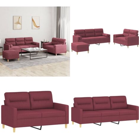 Set di Divani 3 pz con Cuscini Rosso Vino in Tessuto - Divano a 3 posti - Cuscini decorativi