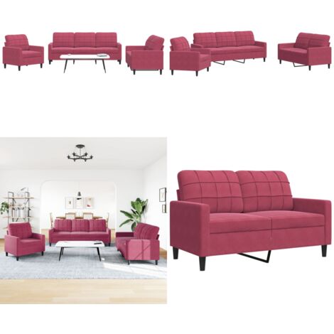 Set di Divani 3 pz con Cuscini Rosso Vino in Velluto - Divano relax - Divano con cuscini