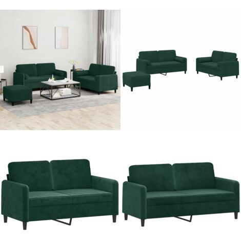 Set di Divani 3 pz con Cuscini Verde Scuro in Velluto - Divano a 2 posti - Cuscini a rullo