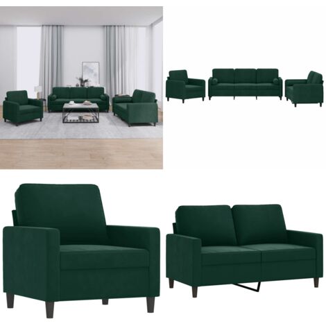 Set di Divani 3 pz con Cuscini Verde Scuro in Velluto - Divano a 3 posti - Cuscini a rullo