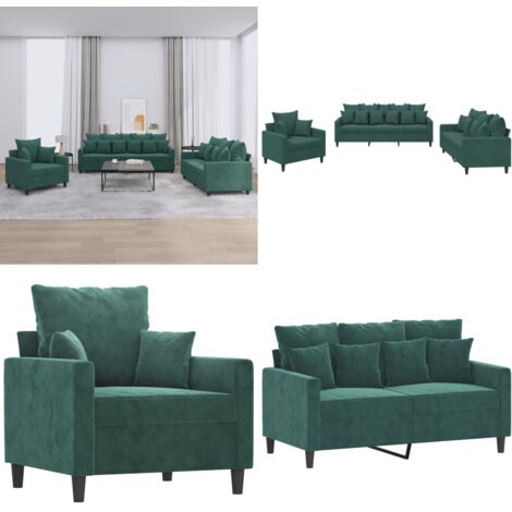 Set di Divani 3 pz con Cuscini Verde scuro in Velluto - Divano a 3 posti - Divano con cuscini