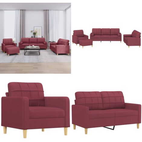 Set di Divani 4 pz con Cuscini Rosso Vino in Tessuto - Cuscino - Poggiapiedi