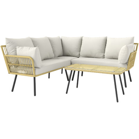 Set di divani angolari da giardino a 5 posti in resina intrecciata effetto rattan, con cuscini e tavolino rettangolare.