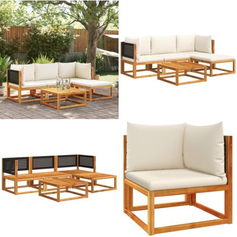 Set di divani da giardino 5 pezzi con cuscini in legno di acacia e rattan - Cuscini da giardino - Mobili da esterno