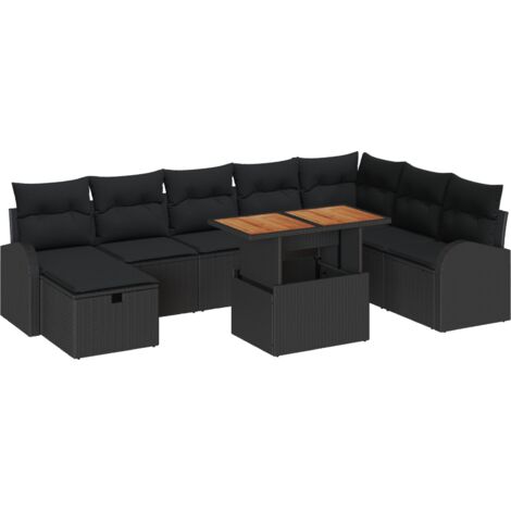 Set di divani da giardino , 9 pezzi, con cuscini in rattan sintetico nero. vidaXL