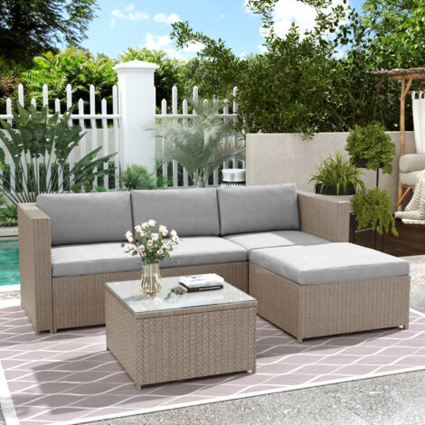 Set di divani da giardino a 4 posti, divano angolare + tavolini bassi fissi, piano in vetro, metallo + rattan PE, beige grigio