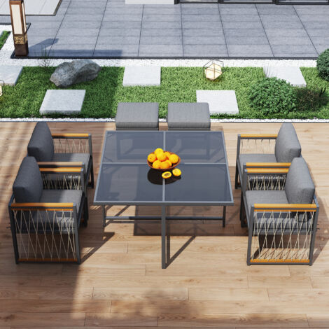 Set di divani da giardino a 6 posti, 4 poltrone + 2 sgabelli + 1 tavolo, piano in vetro nero, legno + metallo + rattan PE, naturale + grigio scuro