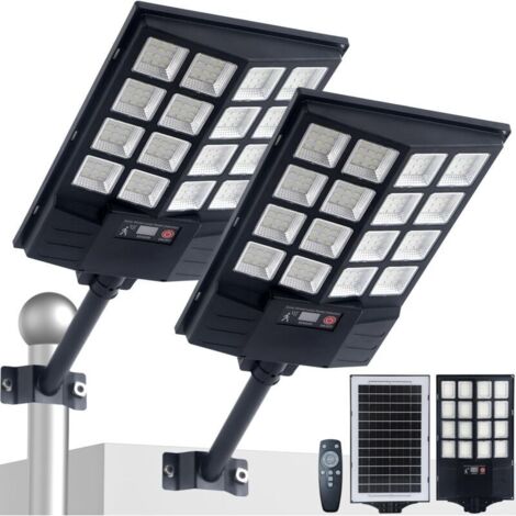 Set di due lampioni solari da esterno, grande lampada solare a LED da 1200 W per parcheggi, impermeabile, con rilevatore di movimento e telecomando, illuminazione di sicurezza esterna da 8500 K per co