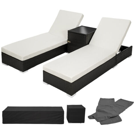 Set di due lettini prendisole in resina polyrattan intrecciata nera + tavolo + due set di coperture + copertura protettiva 080000505