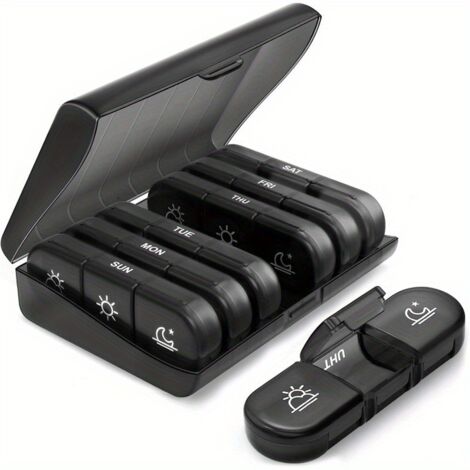 Set di due pezzi di ricambio, 3 scomparti per 7 giorni, scatola portatile, con un ampio scomparto indipendente (nero).