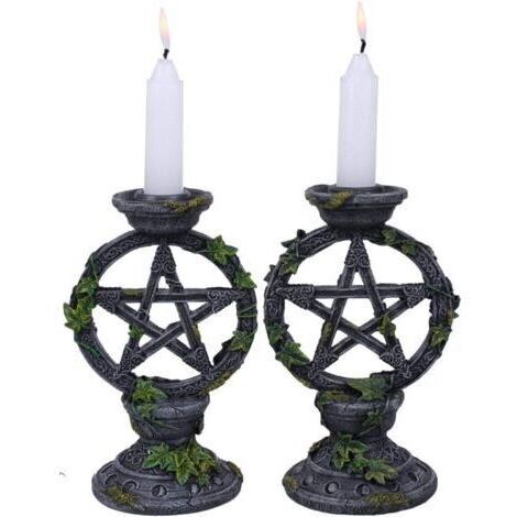 Set di due portacandele a forma di pentagramma e strega, 15 cm.