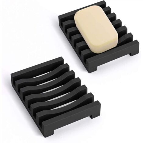 Set di due portasapone lunghi con supporti in silicone nero, dotati di foro di drenaggio e sistema di asciugatura ad aria. Adatti per cucina, doccia e bagno (nero).
