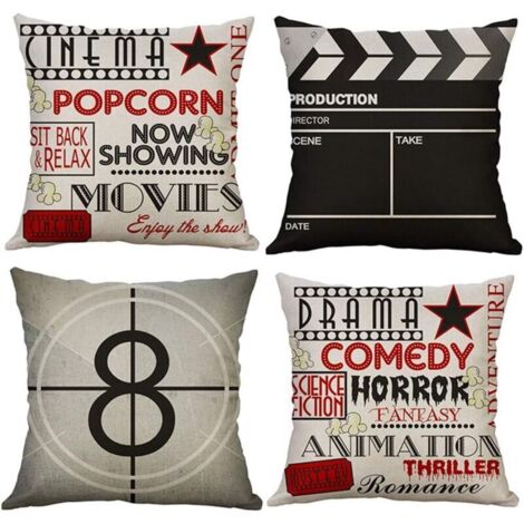 Set di federe, set da 4 pezzi in cotone e lino con motivo cinematografico retrò, federa quadrata per letto, auto, casa, divano, 45 x