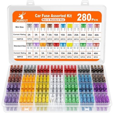 Set di fusibili per auto da 280 pezzi, 182 mini fusibili per auto + 98 fusibili per auto medi + 1 estrattore per fusibili - per auto/moto