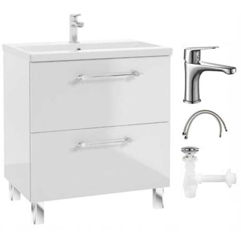 Set di mobili da bagno con lavabo, rubinetto e sifone 80cm, a terra, bianco lucido Cassandra