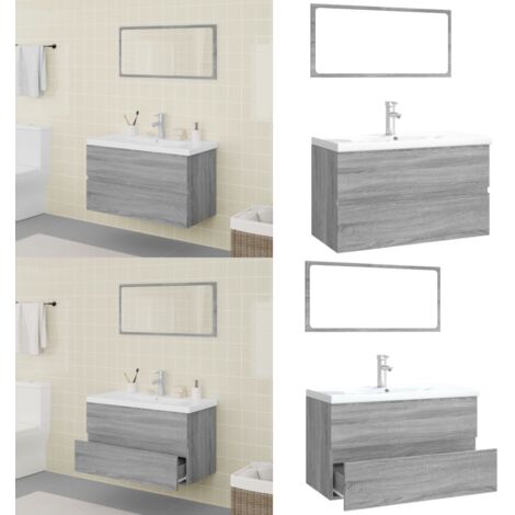 Set di Mobili da Bagno Grigio Sonoma in Legno Multistrato - Mobile sottolavabo - Specchio da bagno