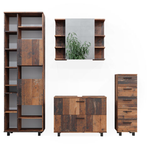 Set di mobili da bagno Ilias, Rovere rustico, 4 parti, con armadio alto, Vicco