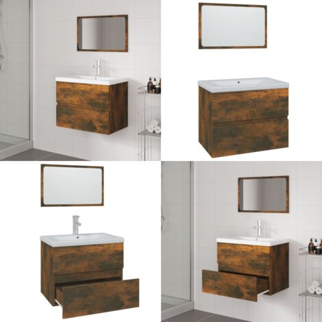 Set di Mobili da Bagno Rovere Fumo in Legno Multistrato - Mobile sottolavabo - Specchio da trucco