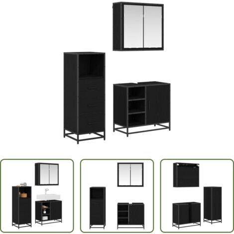Set di mobili da bagno -  Set di mobili per il bagno 3 pcs Rovere Nero Legno multistrato
