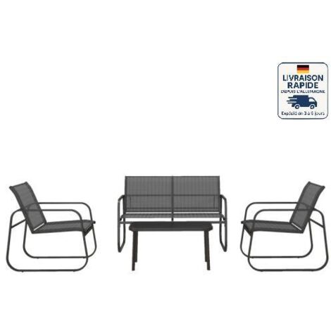 Set di mobili da giardino 4 pezzi – divano a 2 posti, 2 poltrone e tavolino, struttura in metallo a rete, ideale per terrazza e giardino, 4 posti, nero