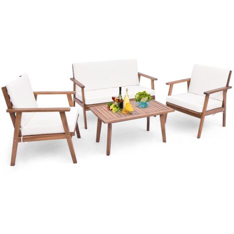 Set di mobili da giardino a 4 pezzi, divano in legno di acacia con cuscini per seduta e schienale, tavolino rettangolare, per giardino Bianco