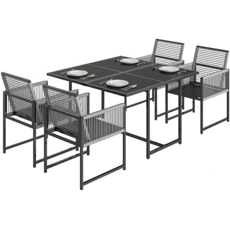 Set di mobili da giardino a 5 pezzi: tavolo in vetro con 4 sedie traspiranti, schienale pieghevole, design con corda intrecciata.