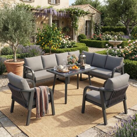 Set di mobili da giardino angolare a 8 posti con tavolo da pranzo e 2 poltrone, struttura in acciaio, finitura grigia.