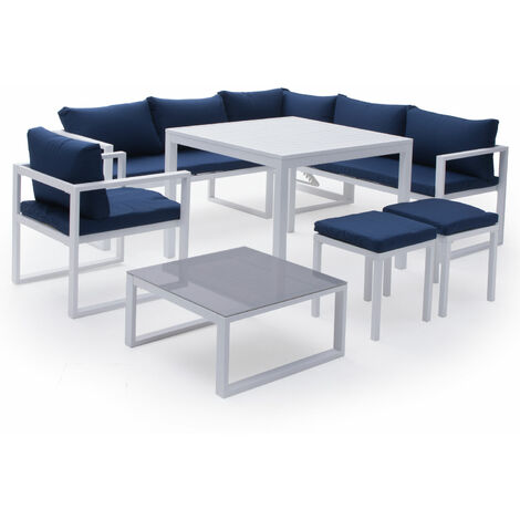 Set di mobili da giardino componibili IBIZA in tessuto blu, 7 posti a sedere - alluminio bianco