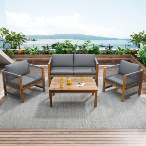 Set di mobili da giardino in acacia e corda grigio, con 2 poltrone, divanetto 2 posti, tavolo e cuscini sfoderabili