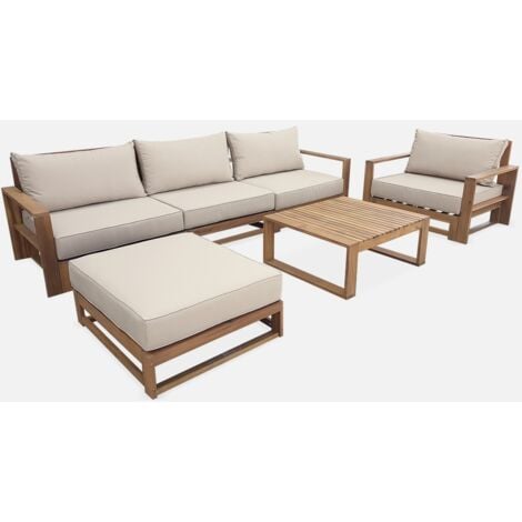 SWEEEK beige, divano, poltrone e tavolo basso in acacia, 6 elementi modulabili, design