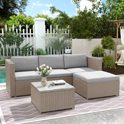 Set di mobili da giardino in rattan con tavolino quadrato in vetro (58×58×36 cm), divano angolare modulare, cuscini grigio chiaro, struttura in acciaio