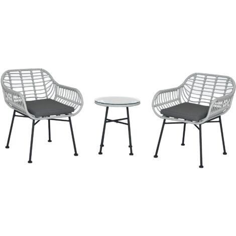 Set di mobili da giardino in rattan PE a 3 pezzi, salotto da esterno con 2 sedie e un tavolo con piano in vetro per terrazza e bistrot, grigio