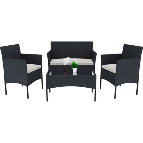 Set Di Mobili da Giardino Salotto Salottino in Rattan 4 Posti con Tavolino E Ripiano In Vetro 2 Poltrone e Divano 2 Posti Per Giardino Esterno Piscina Cuscini Sfoderabili Colore Nero