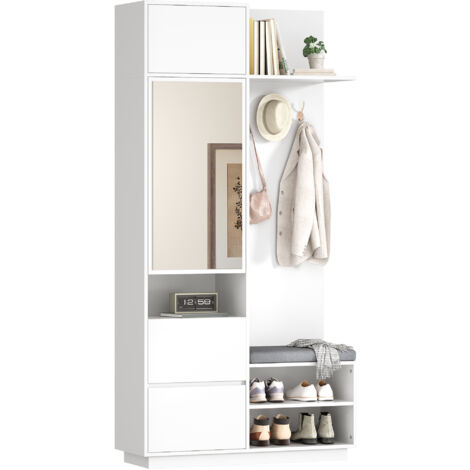 Set di mobili da ingresso 190x90x34.5cm, 5 in 1 specchio panca contenite pratico appendiabiti MDF, Bianco