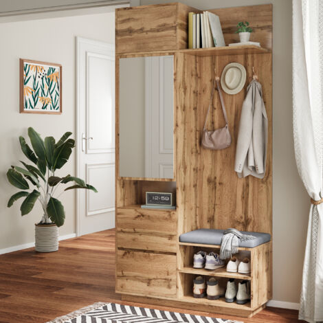 Set di mobili da ingresso 5 in 1 con specchio, panca e scarpiera, cassetti, MDF, color legno