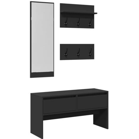 Set di mobili da ingresso da 4 pezzi, appendiabiti e panca per scarpe con specchio in derivati del legno nero DEC024969