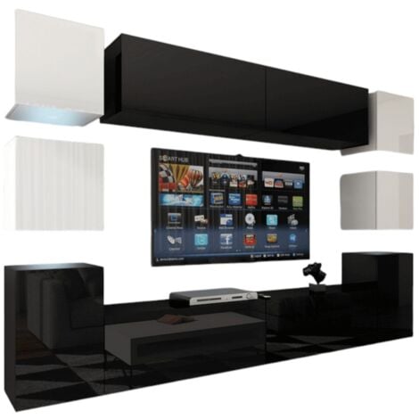 Set di mobili da salotto nero e bianco sospesi collezione CEPTO XIV 256 cm, 10 pezzi, LED, cubo bianco.