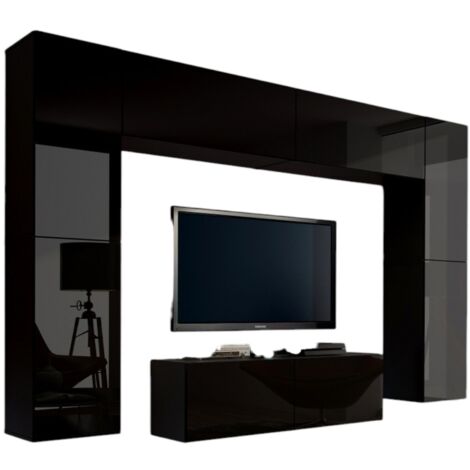 Set di mobili da soggiorno neri sospesi collezione CEPTO III 256cm, 8 porte, 8 scaffali, led, modulari.