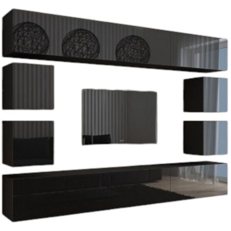 Set di mobili da soggiorno neri sospesi collezione CEPTO XVII 249cm, 10 pezzi, con LED, modulari.