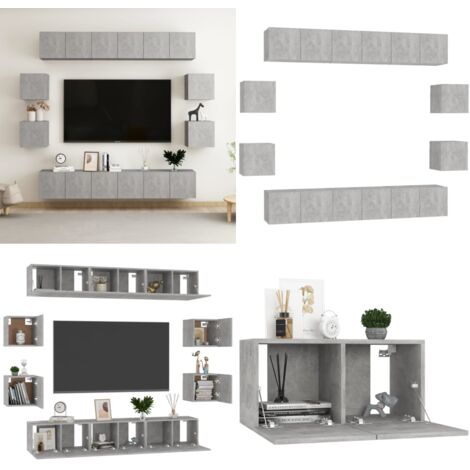 Set di Mobili Porta TV 10pz Grigio Cemento in Legno Multistrato - Armadietto TV - Supporto TV