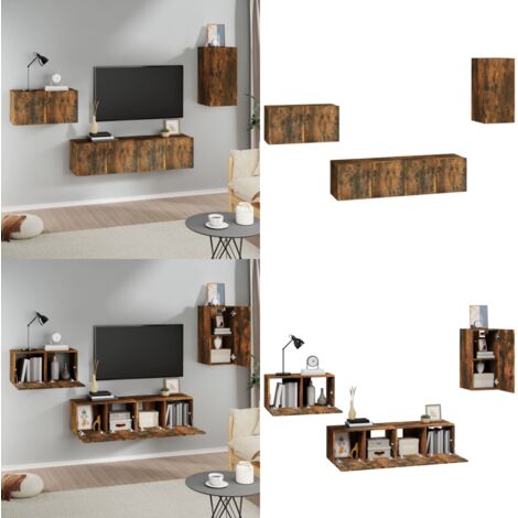 Set di Mobili Porta TV 4 pz Rovere Fumo in Legno Multistrato - TV a muro - Mobile TV