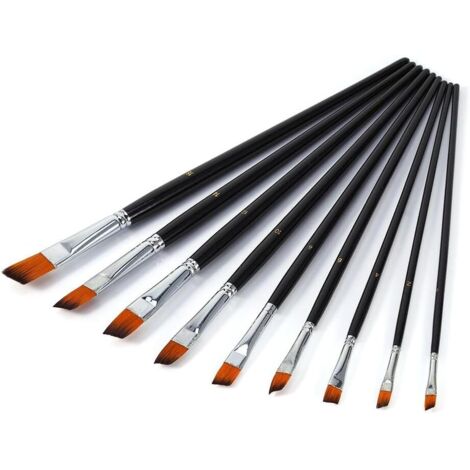 Set di pennelli di precisione in nylon da 9 pezzi, pennelli piatti, misure 0, 2, 4, 6, 8, 10, 12, 14, 16